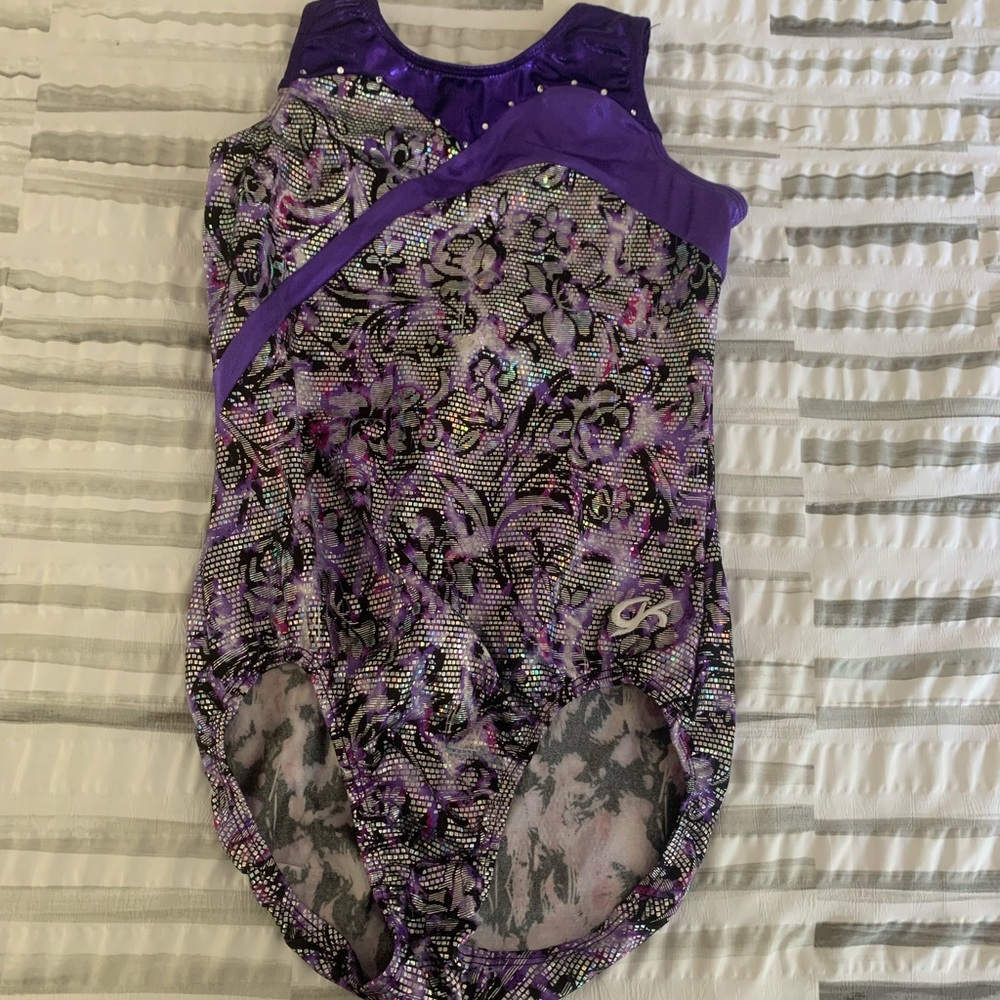 Purple, flowery, metallic GK leotard in size Adult Medium (AM)